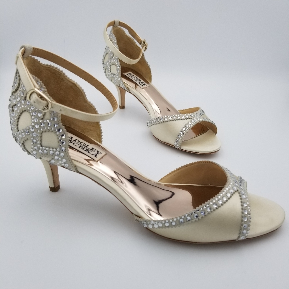 Badgley Mischka Gillian Ankle Strap Open Toe Satin Evening Shoes, Ivory, Size 7